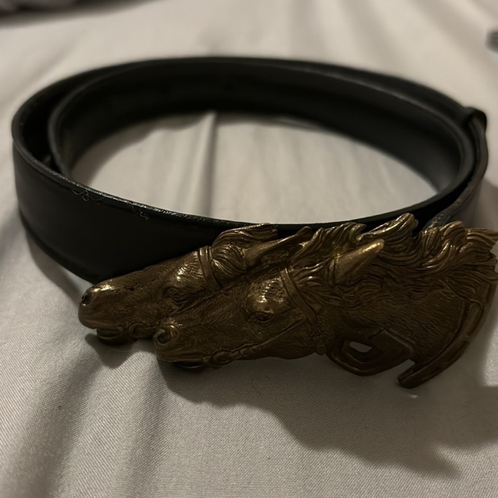 Vintage Gucci Brass Horse Buckle Black Leather Belt Sz 80/32